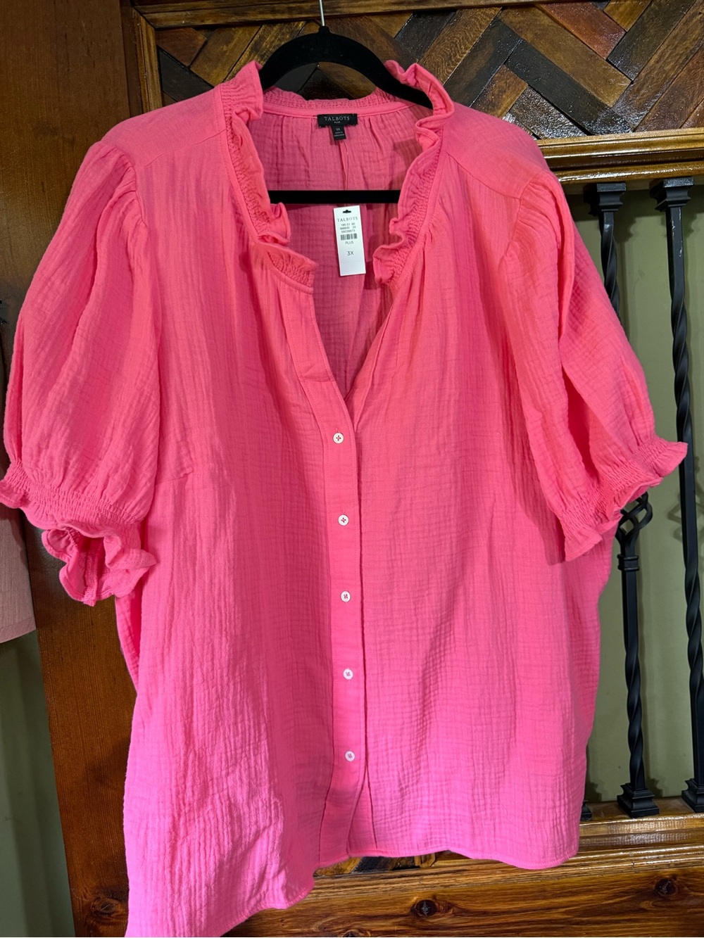Talbots Hot Pink Ruffle-Collar Button Front Blouse